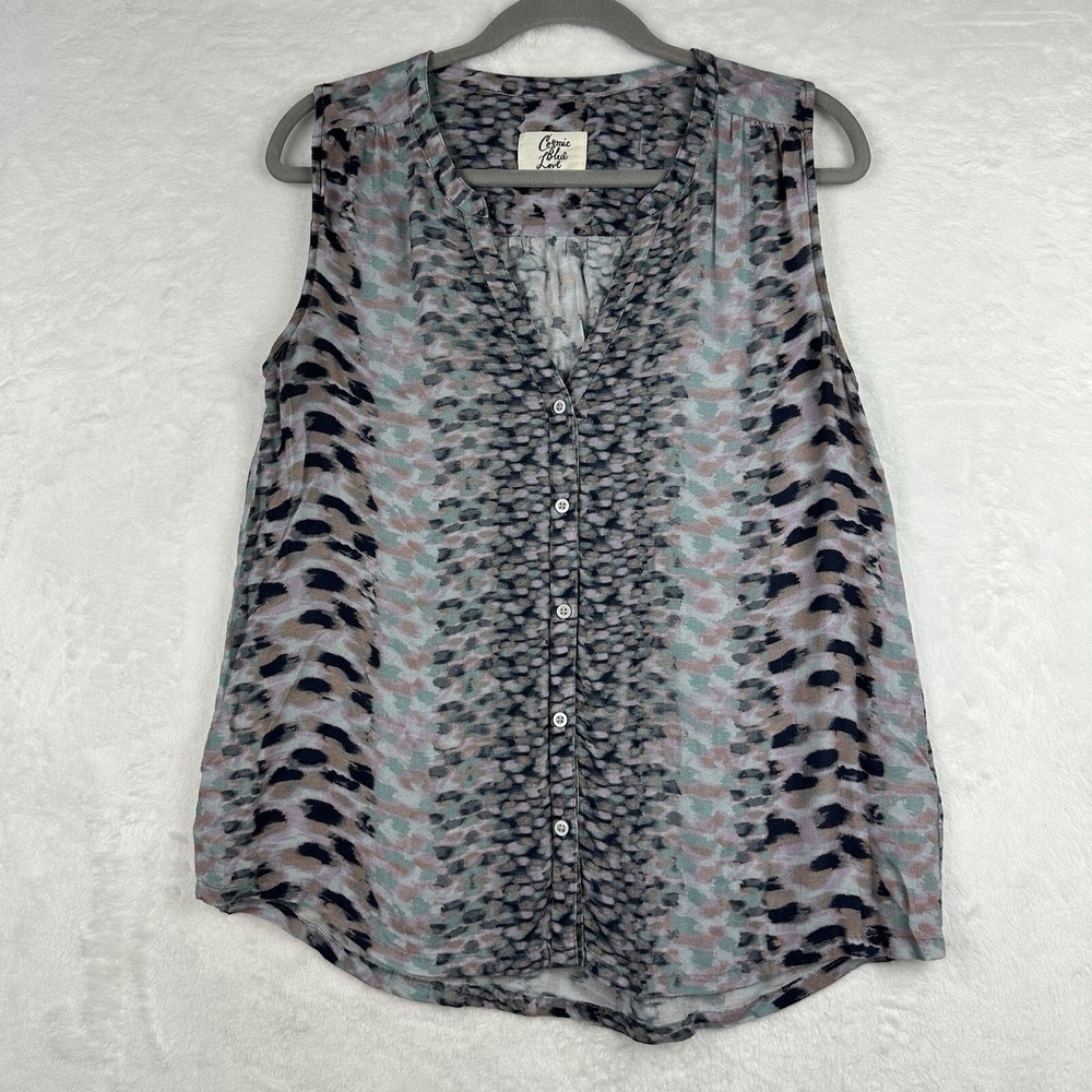 Cosmic Blue Love S Womens Top Blouse Sleeveless Black Gray Animal Print